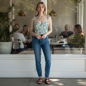 Kendall + Kylie Women's Indigo Tropical Leaf Ruffled Strap Cami Top Size XL NWT